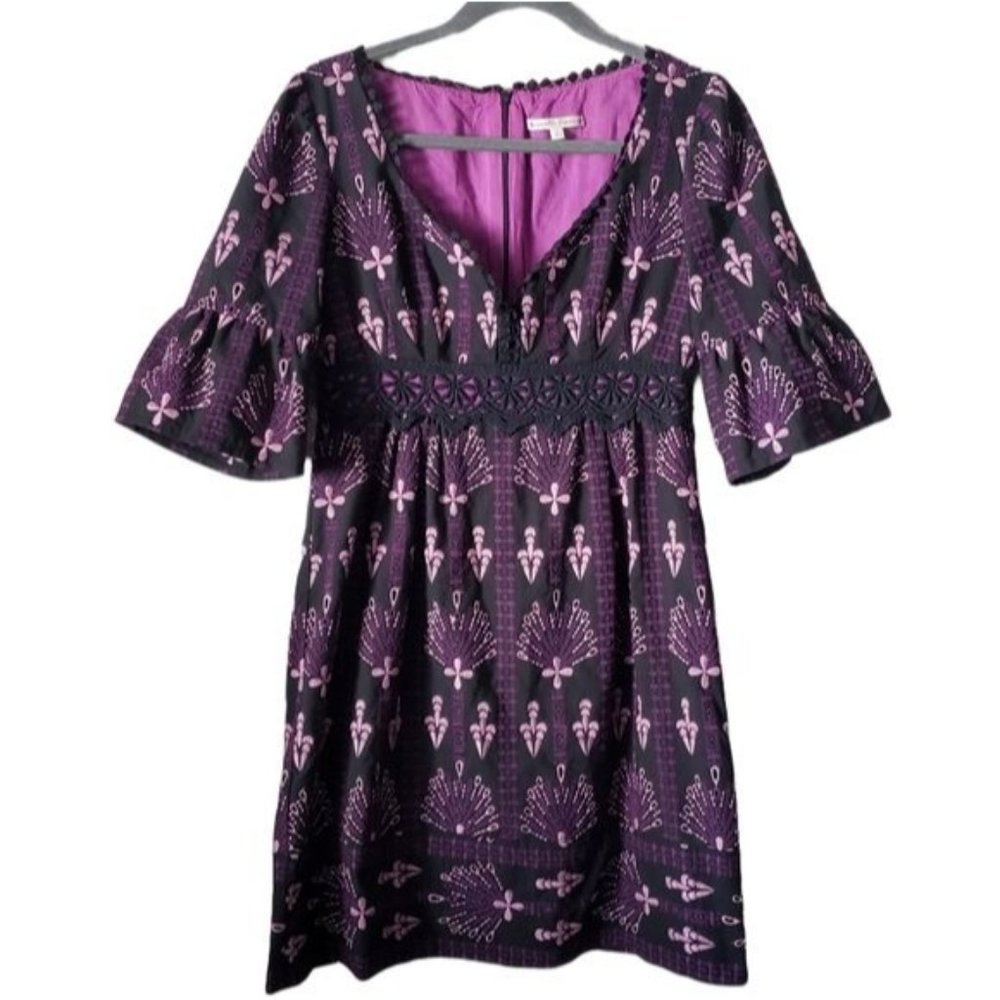 Nanette lepore embroidered dress size 8 knee‎ length floral bell sleeve purple